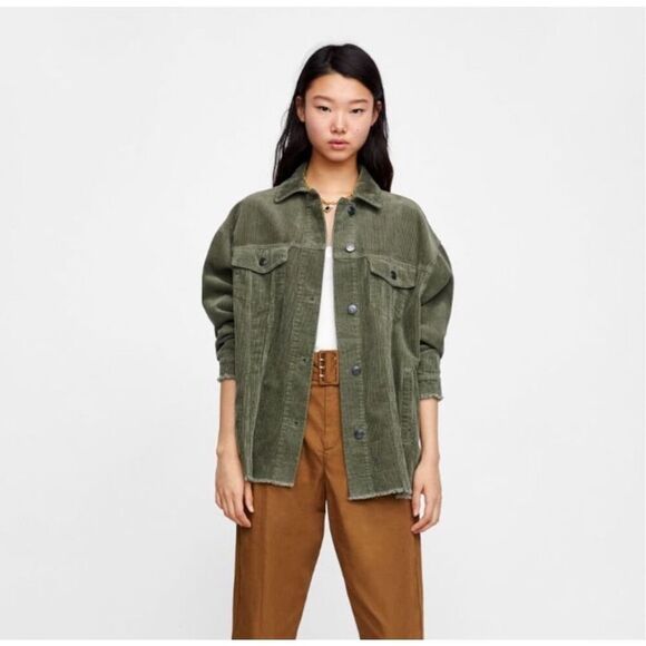 Zara Outerwear Green Corduroy Oversized Frayed Button Up Casual Jacket | XS - Picture 9 of 9